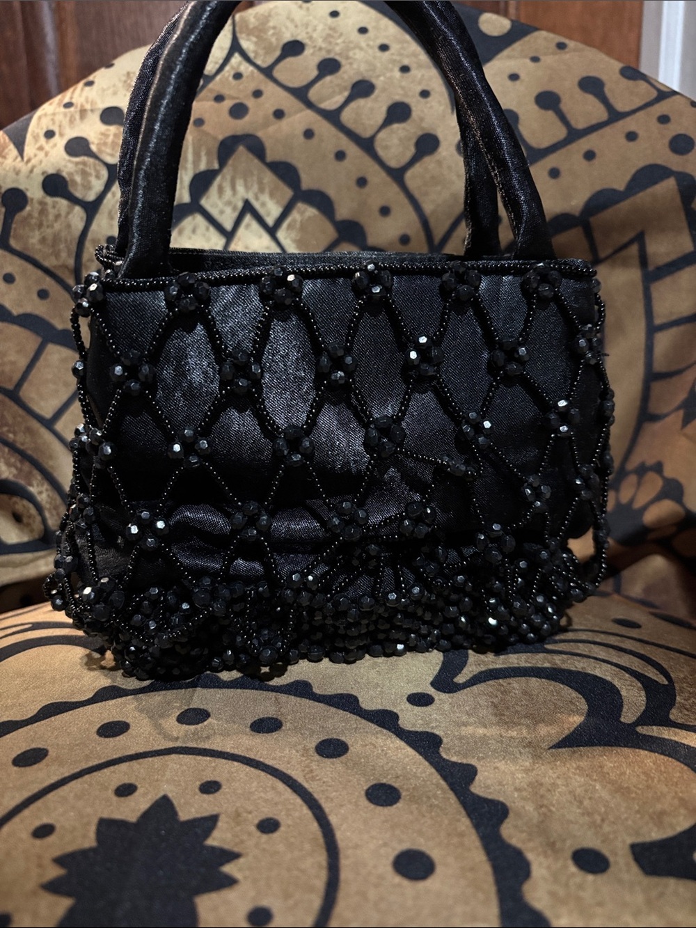 Black Beaded Satin Evening Handbag